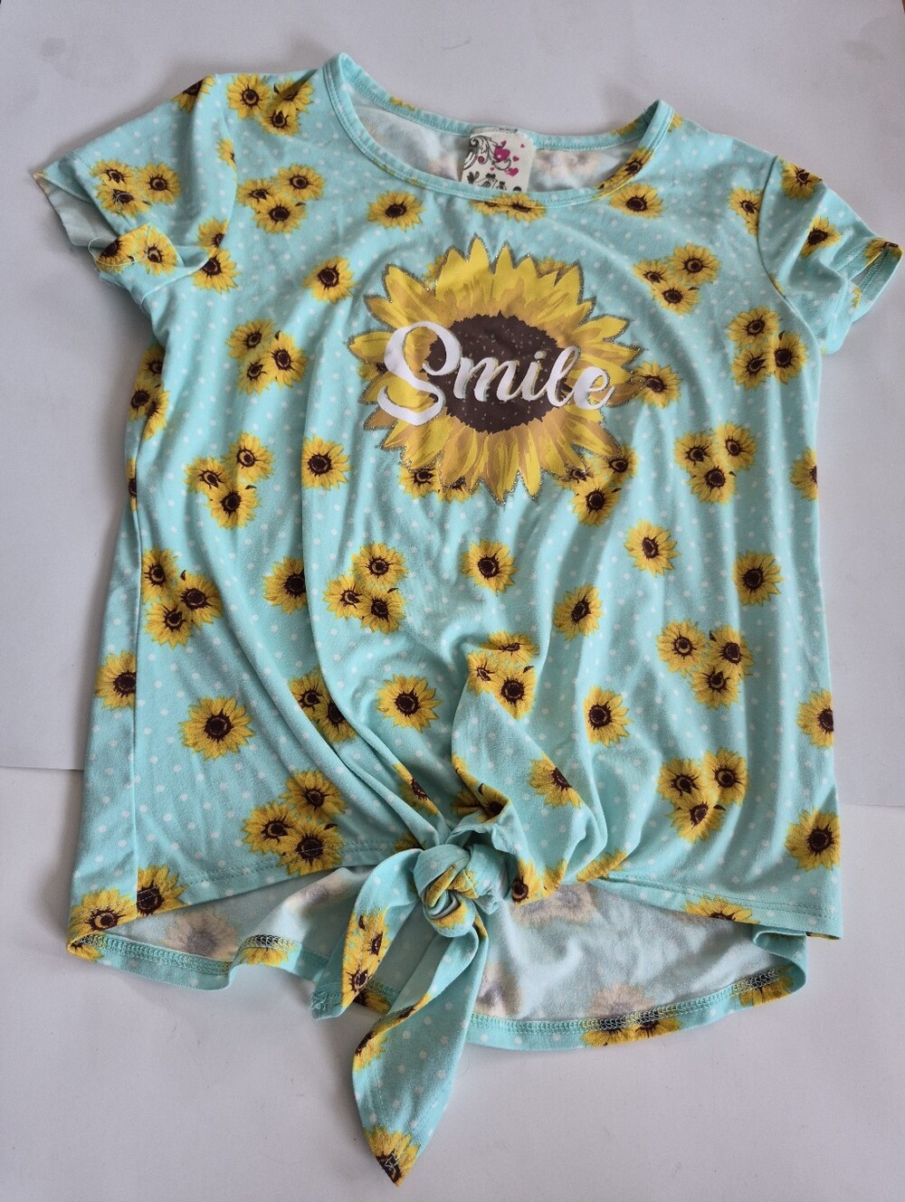Kids Sunflower Tie-Front Tee - Aqua "Smile"